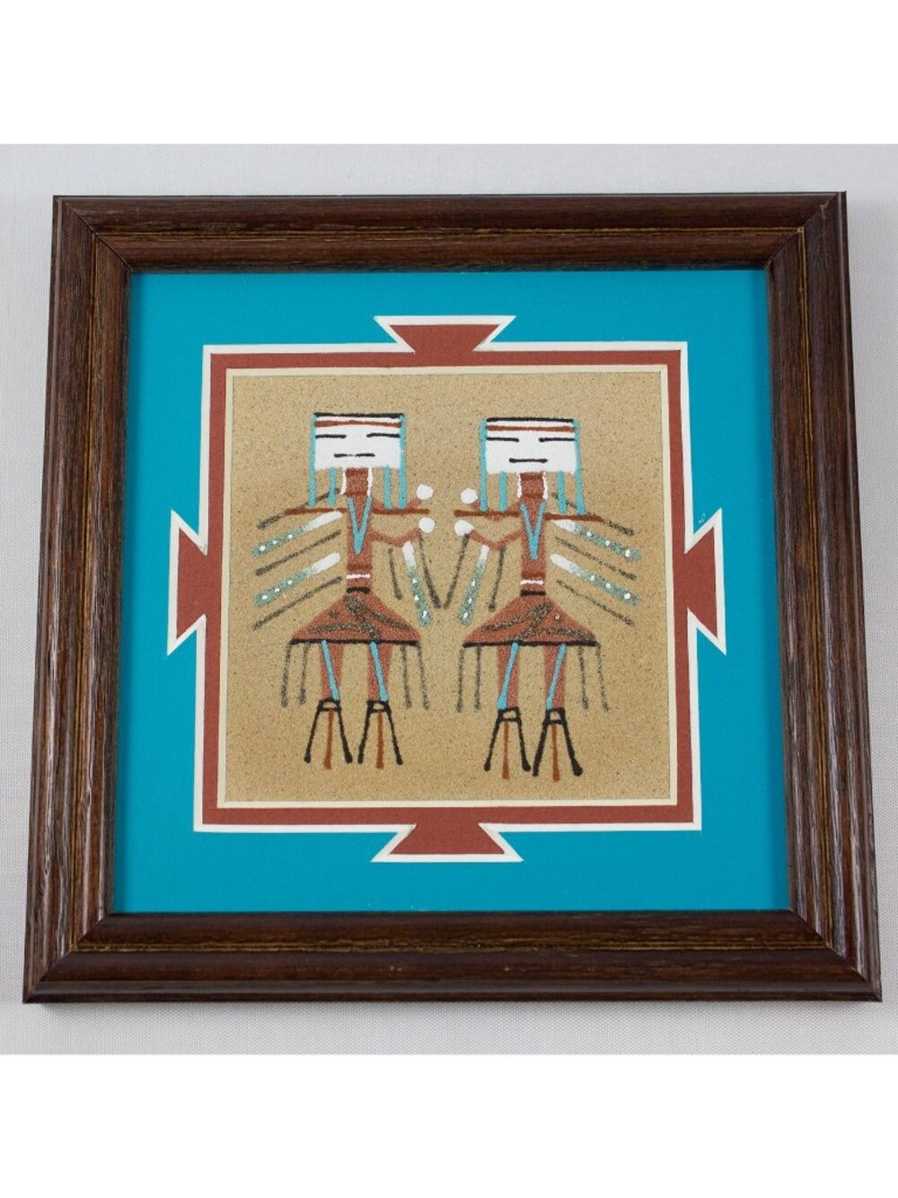 Navajo Art Sandpainting Double Corn Yei by Wilton Lee Framed Matted 7x7"